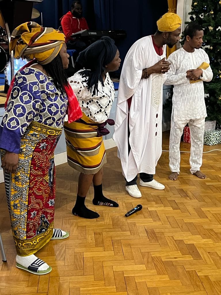 RCCG Grace Assembly Drama Ministry cast in traditional attire during a Christmas performance